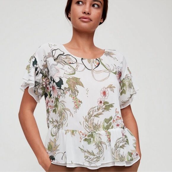 Aritzia L Little Moon Ruffle Sleeve Floral Peplum Blouse White Green - Picture 16 of 16